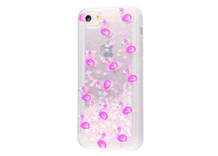 Чехол для iPhone 5/5s/SE блестки вода New светло-розовый фламинго