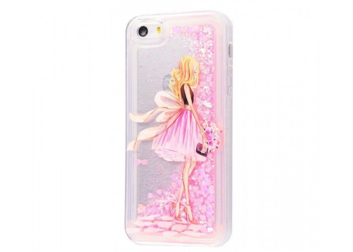 Чехол для iPhone 5/5s/SE блестки вода New светло-розовый девушка с букетом