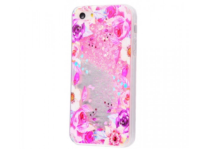 Чехол для iPhone 5/5s/SE блестки вода New светло-розовый цветы