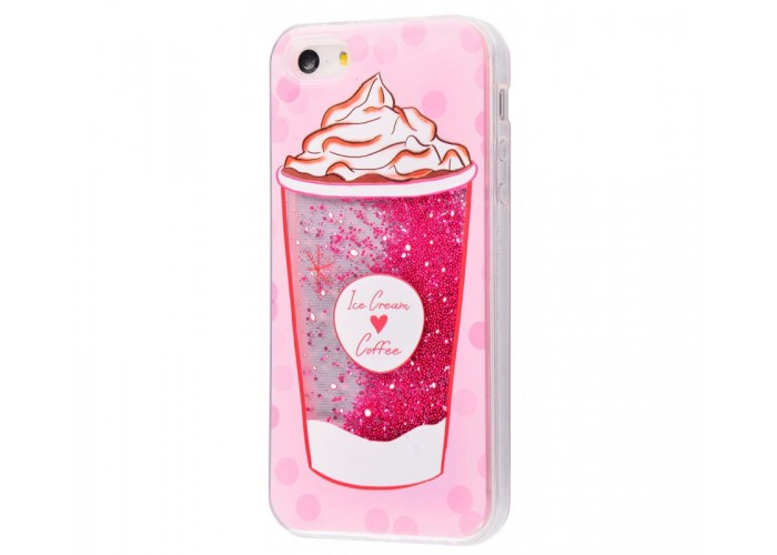Чехол для iPhone 5/5s/SE блестки вода New розовый Ice Cream Coffee