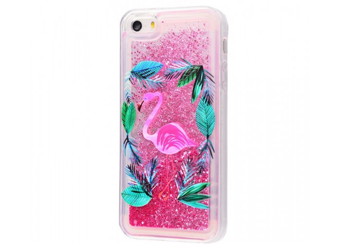 Чехол для iPhone 5/5s/SE блестки вода New ярко-розовый фламинго
